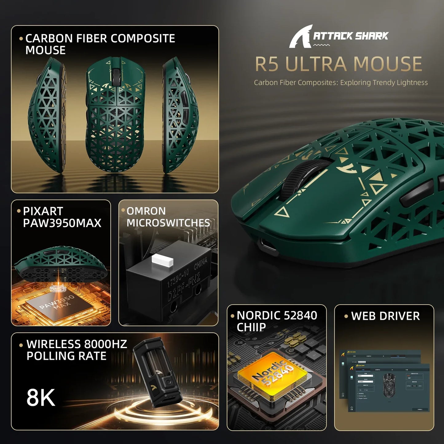 ATTACK SHARK R5 Ultra Carbon Fiber Wireless Gaming Mouse PixArt PAW3950MAX Gaming Sensor 42000DPI 8000Hz MCU Nordic 52840 For PC
