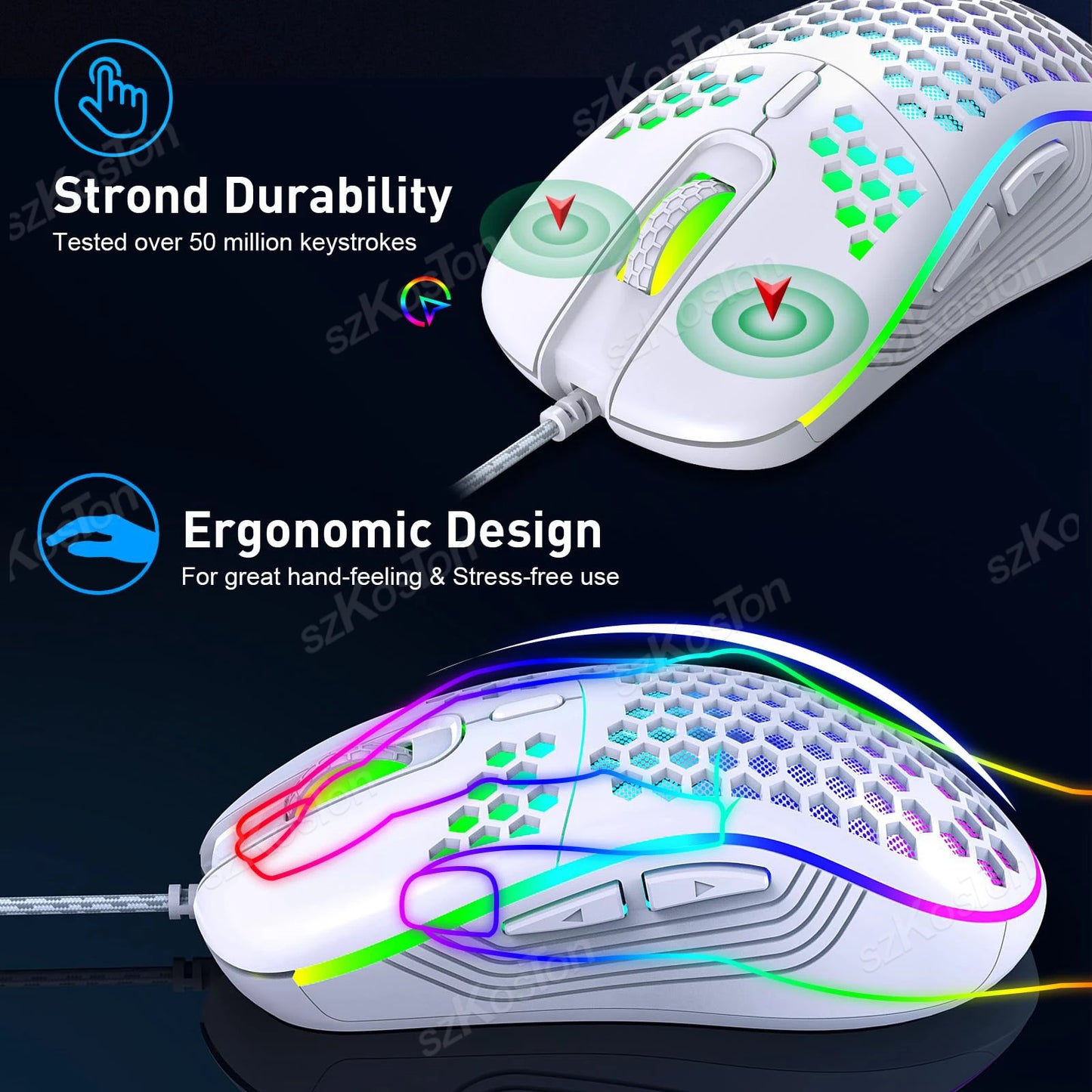Honeycomb Wired Gaming Mouse RGB Backlight 7200 Adjustable DPI Ergonomic USB Computer Mice for Windows PC & Laptop Gamers