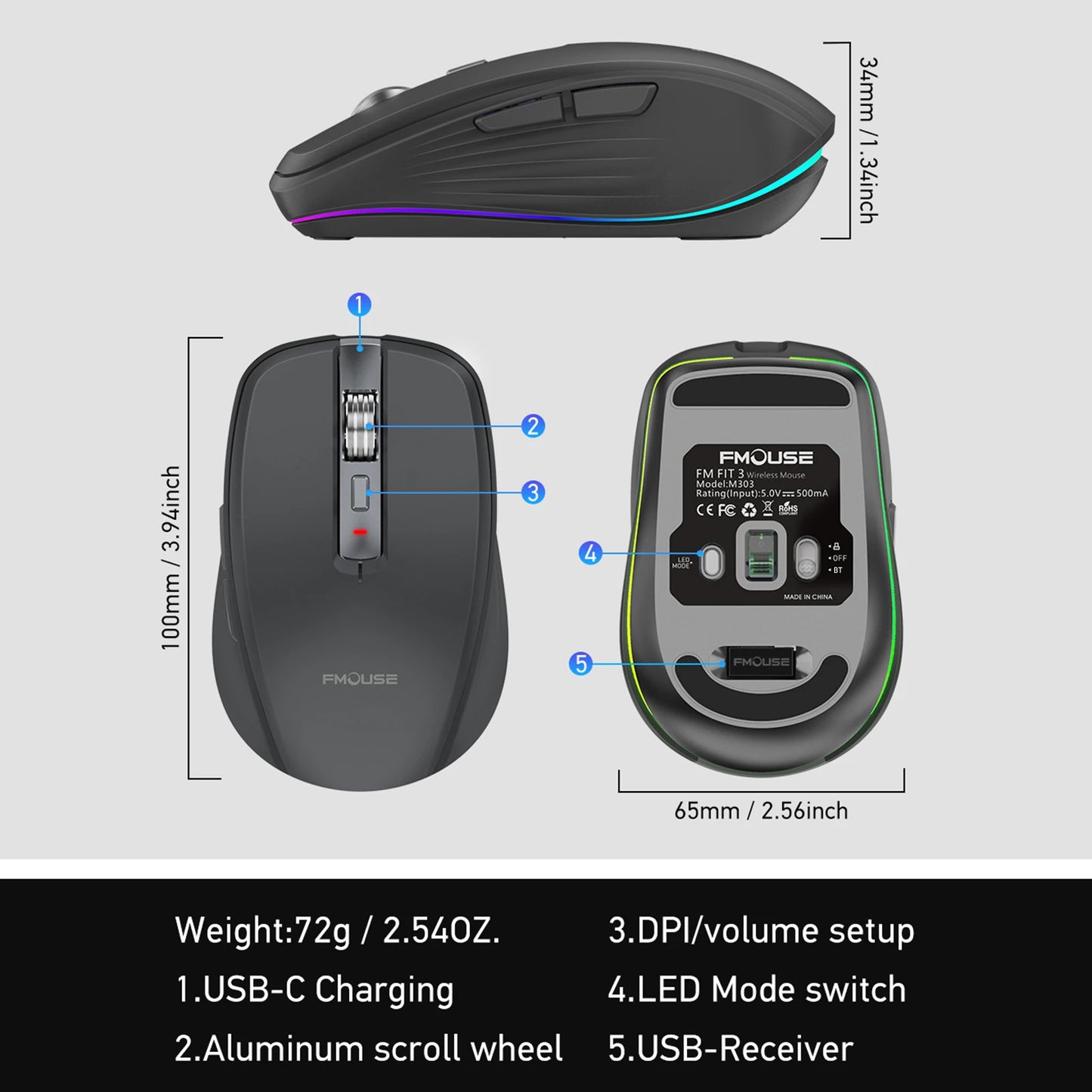 Dual-mode Wireless Mouse USB2.4G+BT5.1 Type-C Rechargeable Gaming Mouse Ergonomic Design 2400 DPI with RGB Light Mice