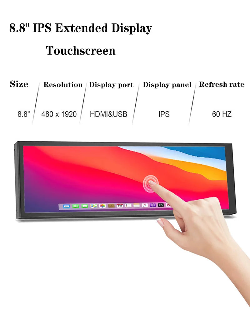 Long strip mainframe temperature control display mobile phone and computer secondary screen 8.8-inch touch screen