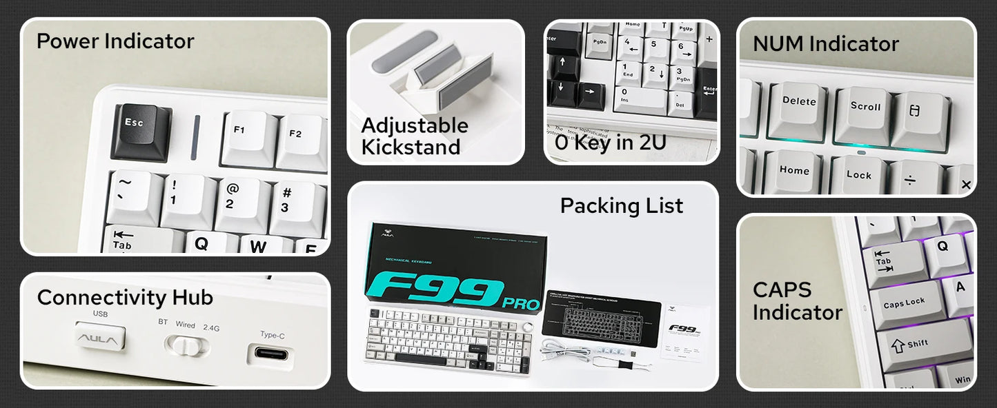 Aula F99 PRO 96% Mechanical Gaming Keyboard BT5.0/USB-C/2.4G Wireless Hot Swappable Gasket Custom Keyboard With 8000mAH Battery