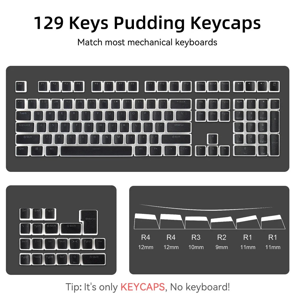 New Pudding PBT Keycaps 129 Keys Double Shot Translucent for 60% 80% 100% Layout OEM Profile for RGB Mechanical Gaming Keyboard