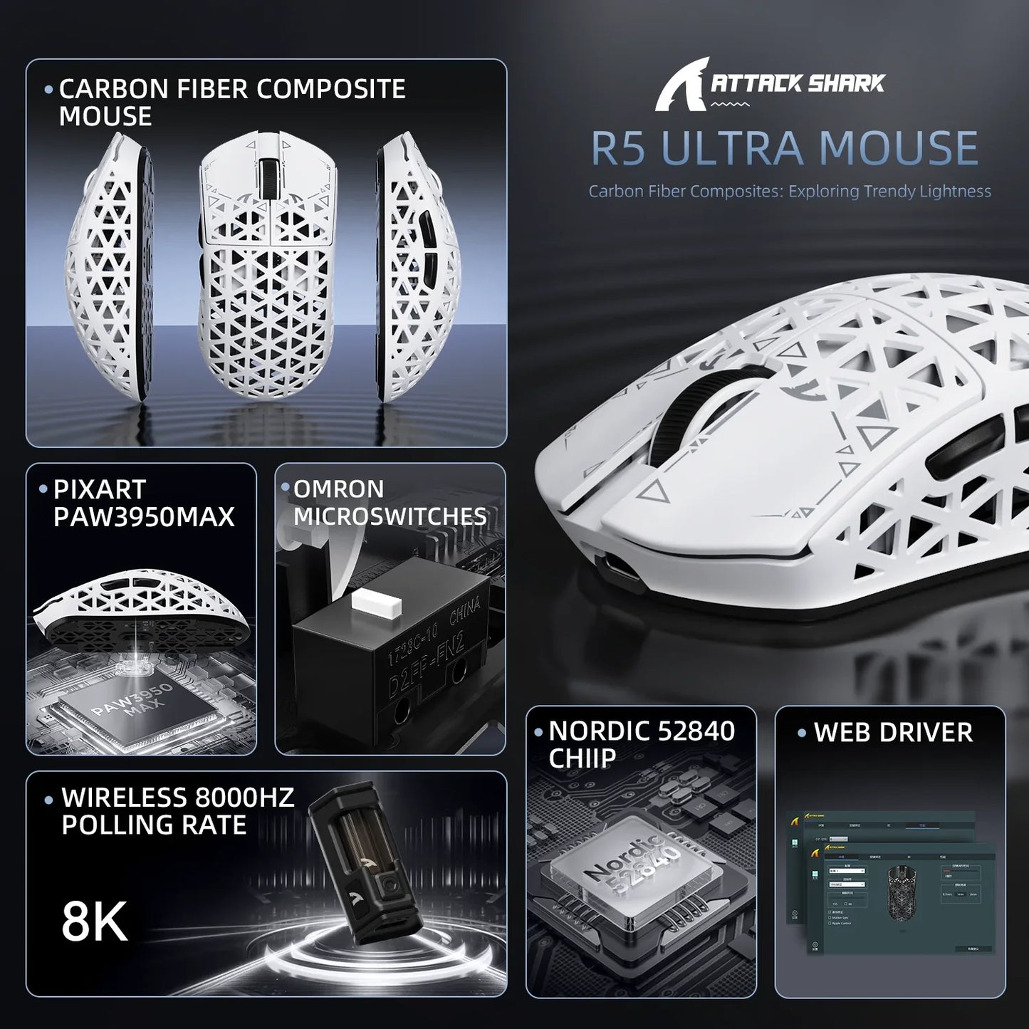 ATTACK SHARK R5 Ultra Carbon Fiber Wireless Gaming Mouse PixArt PAW3950MAX Gaming Sensor 42000DPI 8000Hz MCU Nordic 52840 For PC