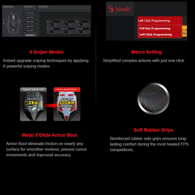 Bloody J90s Gaming Mouse, BC3332-S Gaming Engine, 8000 CPI, Acceleration 25 g, Metal X'Glide Armor Boot