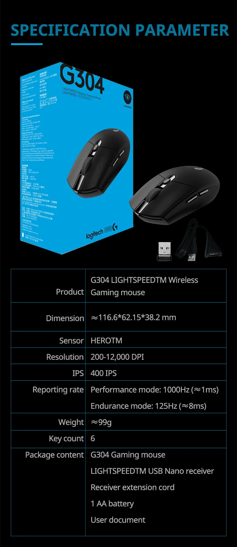 Logitech G304/G305 Lightspeed Wireless Gaming Mouse 6 Programmable Buttons 12000DPI Battery Usb Stock RGB Wireless Mouse