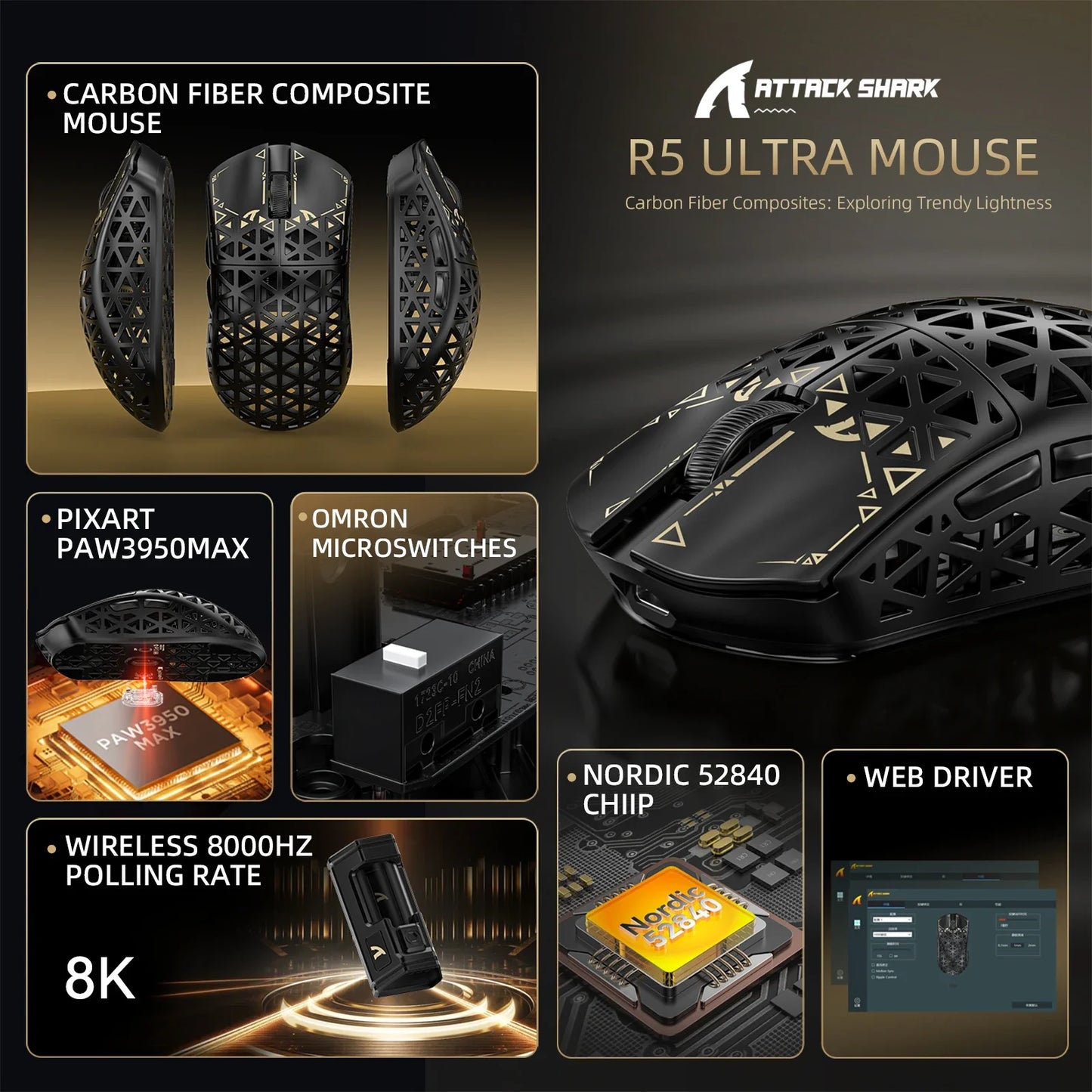ATTACK SHARK R5 Ultra Carbon Fiber Wireless Gaming Mouse PixArt PAW3950MAX Gaming Sensor 42000DPI 8000Hz MCU Nordic 52840 For PC