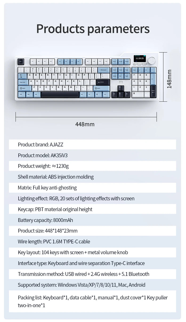 NEW Ajazz AK35I V3 MAX Tri-mode Wired Bluetooth Wireless Gaming Keyboard Gasket Full Key Hot Swap 104 Keys Customized Keyboard