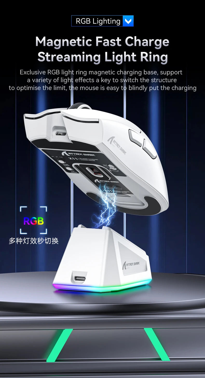 Attack Shark X11 3-Mode Connection /2.4GHz/Bluetooth ,PAW3311 ,400IPS,22K000DPI,RGB ,PC  Wireless Gaming Mouse