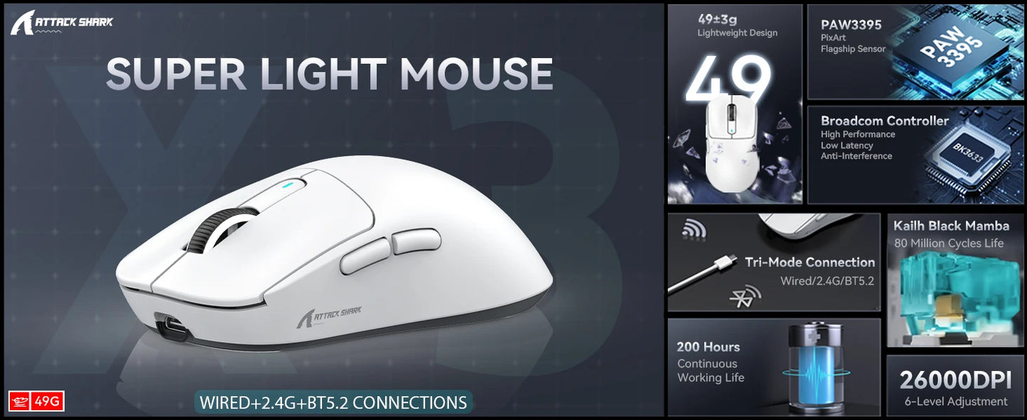 Attack Shark X3/X3PRO 4K/8K Tri-mode Gaming Mouse, PixArt PAW3395 Sensor, 26K DPI, 49g Ultralight,BT/2.4G Wireless/Wired,for PC