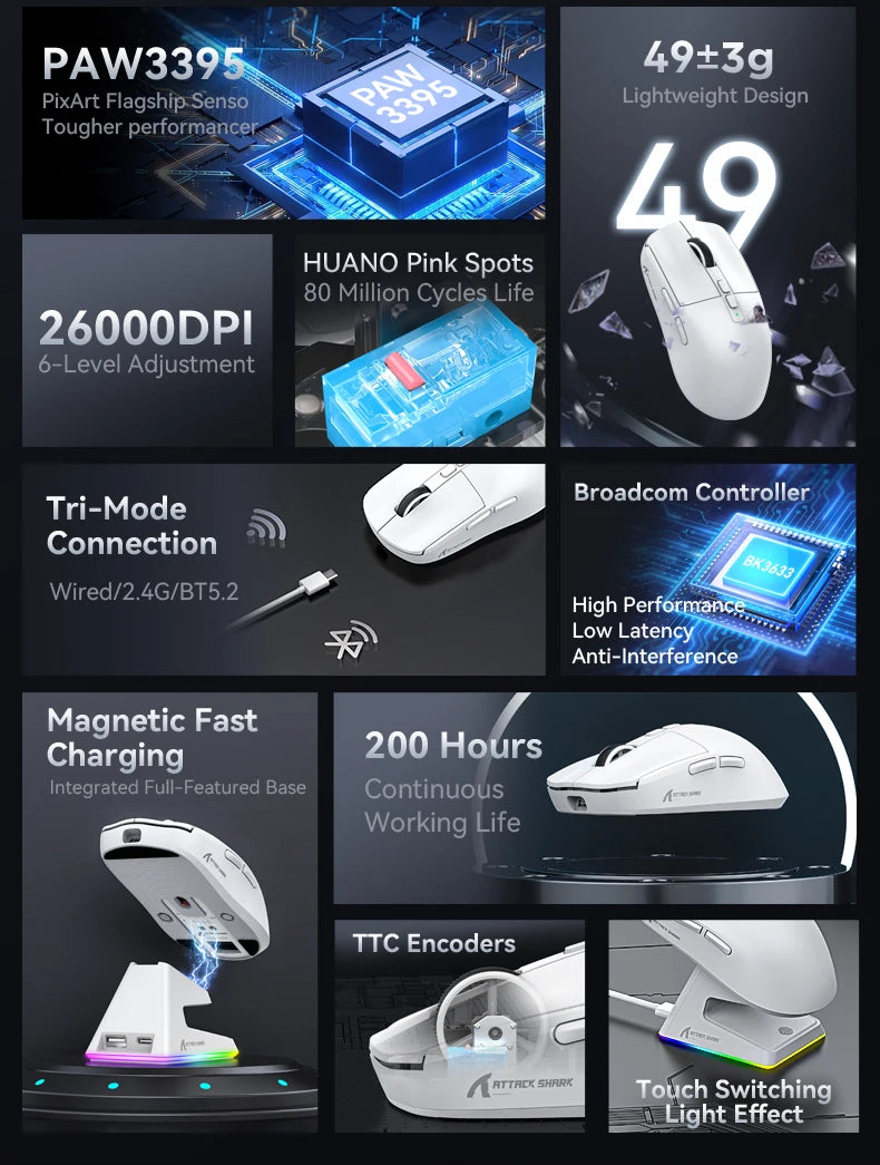 Attack Shark X6 PAW3395 Bluetooth Mouse,Tri-Mode Connection,RGB Touch Magnetic Charging Base,Macro Gaming Mouse
