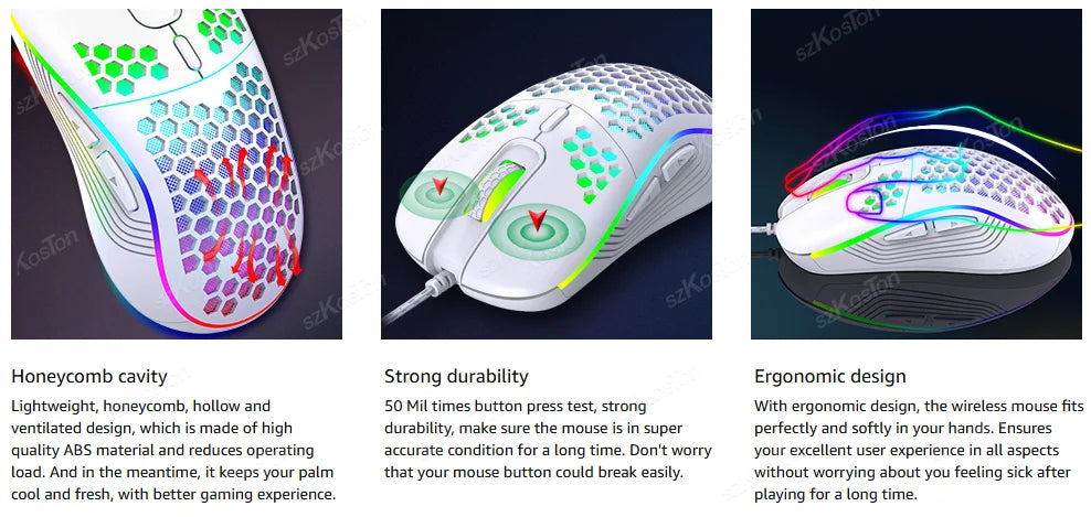 Honeycomb Wired Gaming Mouse RGB Backlight 7200 Adjustable DPI Ergonomic USB Computer Mice for Windows PC & Laptop Gamers