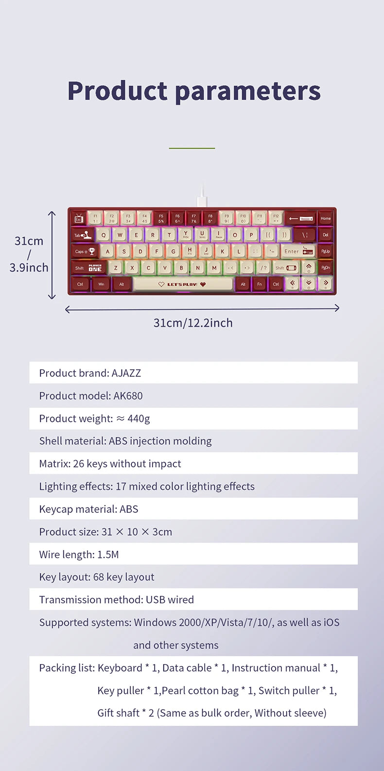 AJAZZ AK680 Gaming Mechanical Keyboard ABS Keycap 68 Keys Wired Wireless Bluetooth Keyboard Hot Swap Custom Gasket for Pc Laptop