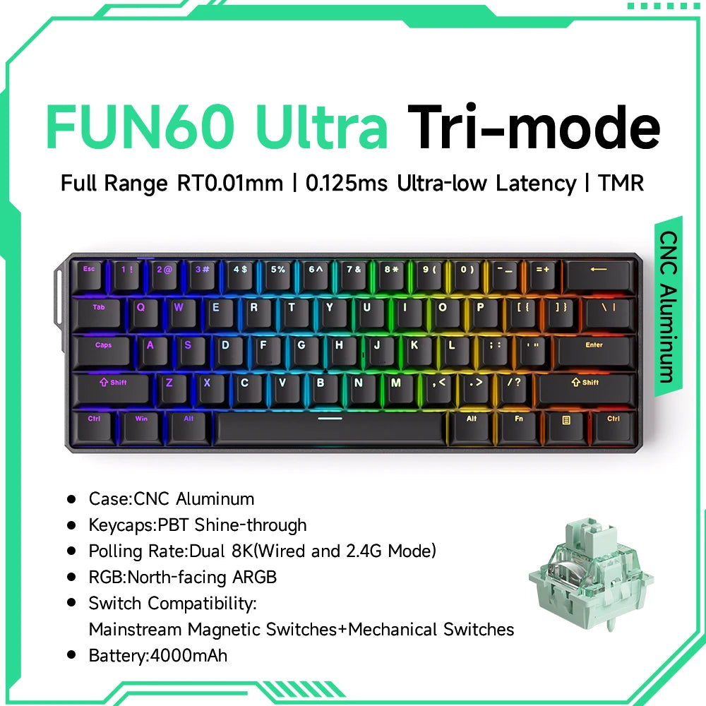 MONSGEEK FUN60 Mechanical Keyboard Magnetic Switch 60% Gaming Keyboard Rapid Trigger 0.01 mm 8K HE/TMR eSports Custom Keyboard