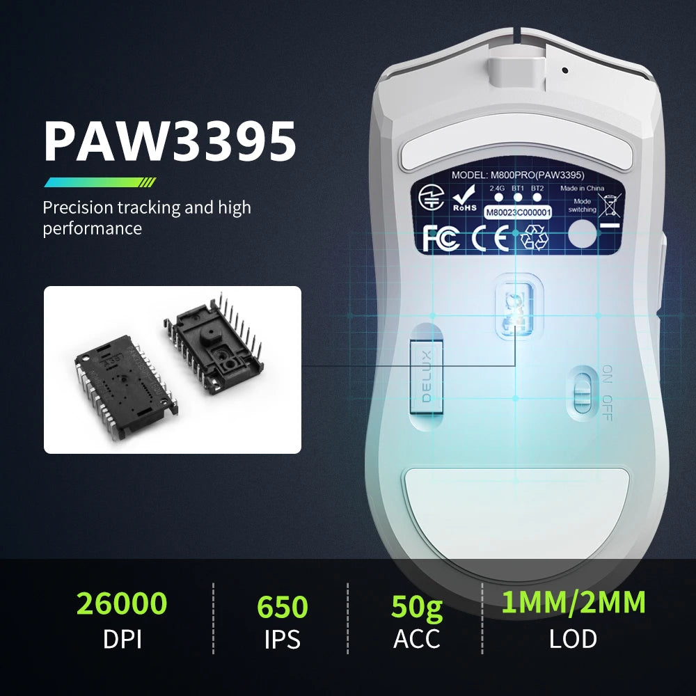 Delux M800PRO PAW3395 Wireless Gaming Mouse RGB light 26000DPI Wired Programmable Rechargeable Mice for PC Laptop Gamer