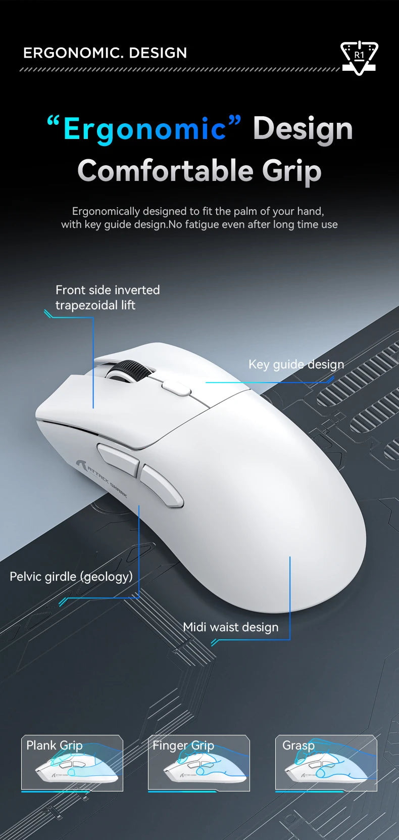 Attack Shark R1 1000Hz Bluetooth Mouse,18000dpi,PAW3311,Tri-mode Connection, Macro Gaming Mouse