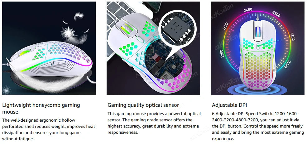 Honeycomb Wired Gaming Mouse RGB Backlight 7200 Adjustable DPI Ergonomic USB Computer Mice for Windows PC & Laptop Gamers