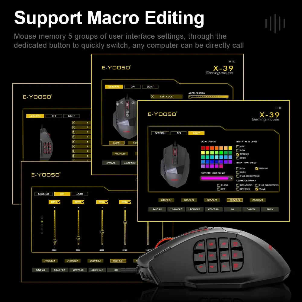 E-YOOSO X-39 USB Wired RGB Gaming Mouse 16400 DPI PAW3327 19 Buttons Programmable Game Optical Mice for Computer PC Laptop