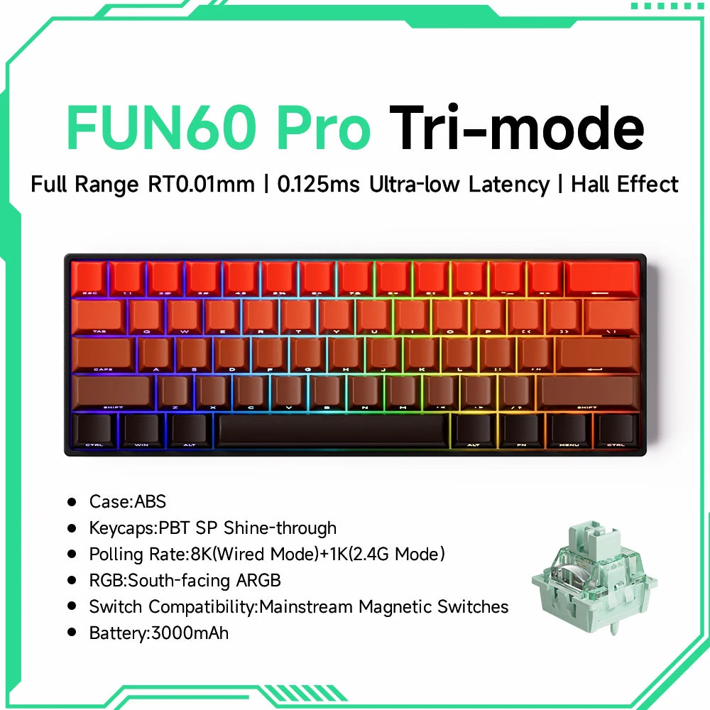 MONSGEEK FUN60 Mechanical Keyboard Magnetic Switch 60% Gaming Keyboard Rapid Trigger 0.01 mm 8K HE/TMR eSports Custom Keyboard