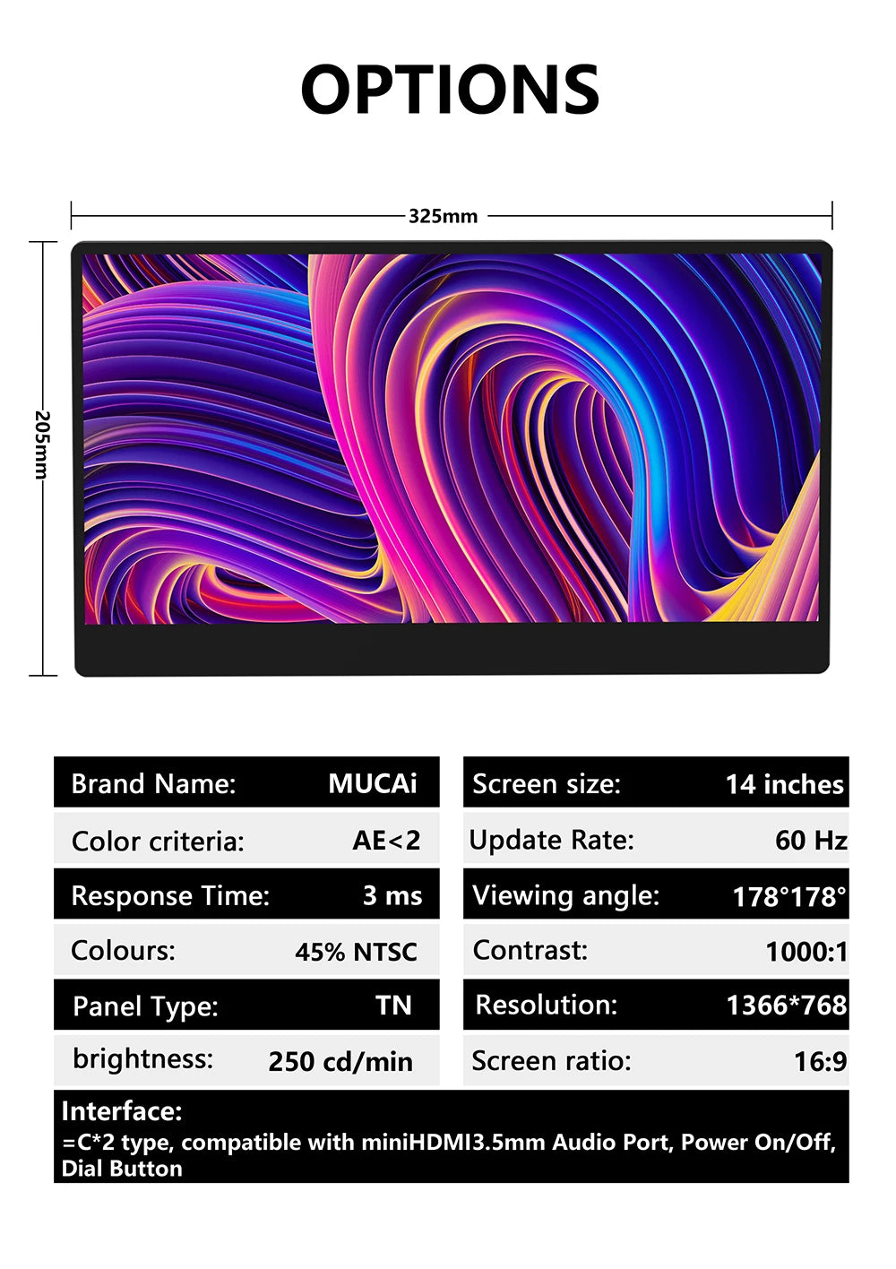 MUCAI N140-S36 Portable Display 14 Inch 60Hz Resolution 1366*768 TN Panel 250cd/㎡ Brightness 3ms Response Portable Monitor