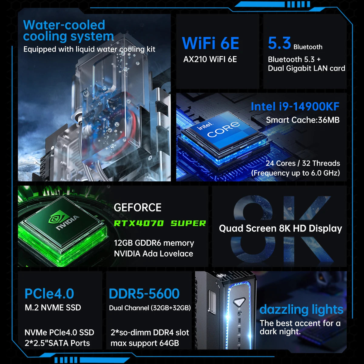 MSECORE  SL800 Liquid cooled computer Gaming PC Intel Core I5  I7 I9 RTX4070 12G Windows 11  DDR5 NVMe SSD Desktop Gaming PC