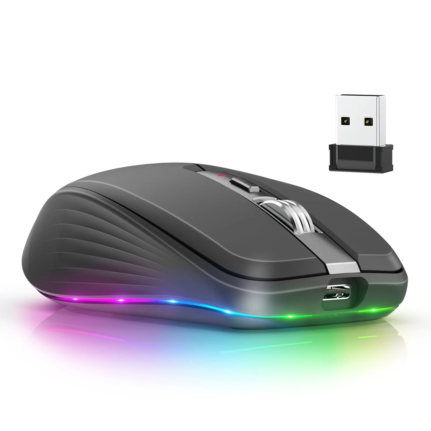 Dual-mode Wireless Mouse USB2.4G+BT5.1 Type-C Rechargeable Gaming Mouse Ergonomic Design 2400 DPI with RGB Light Mice